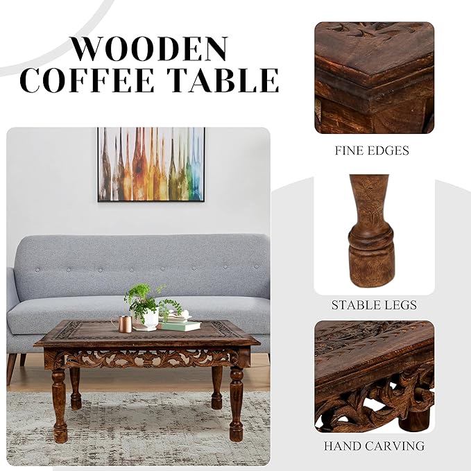 Rectangular Wooden Coffee Table Cutwork Jali Carving, Farmhouse Coffee Table, Rustic Center Table, Mid Century, Rustic and Modern Style Living Room Furniture - 36x24x18 Inch Burnt