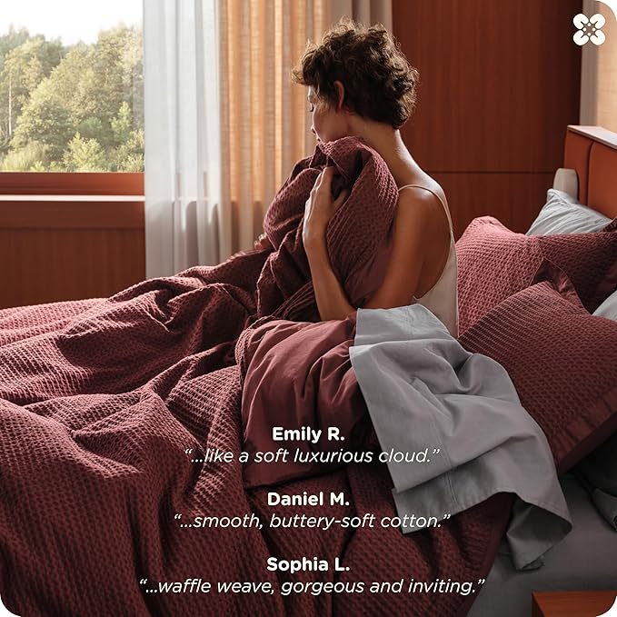 Bedsure Cotton Duvet Cover King - 100% Cotton Waffle Weave Maroon Red Duvet Cover King Size, GentleSoft™ and Breathable Bedding Set for All Season, 3 Pieces, 104"x90"