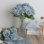 Artificial Roses Bouquets - 8 Bundles Fake Silk Flowers Realistic Faux Florals Bulk for Wedding Bridal Party Baby Shower Event Home Arrangements Centerpieces Decorations (Dusty Blue)