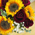 24PCS Fake Rustic Combination Flowers Artificial Fall Decor Long Single Stem Flower Include Sunflowers Babys Breath Burgundy Roses and Green Eucalyptus Stems for Wedding Home Party Decor