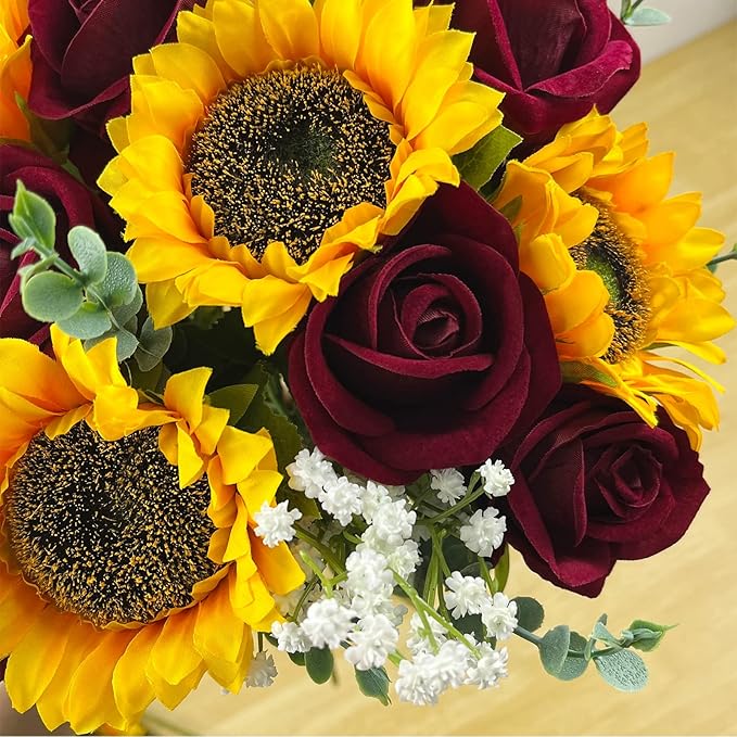 24PCS Fake Rustic Combination Flowers Artificial Fall Decor Long Single Stem Flower Include Sunflowers Babys Breath Burgundy Roses and Green Eucalyptus Stems for Wedding Home Party Decor