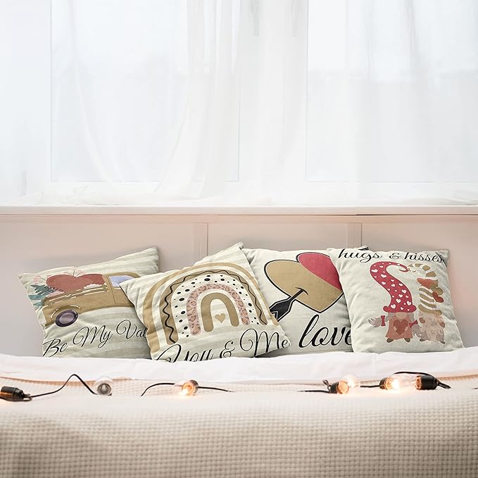 Ambesonne Romantic Throw Pillow Cushion Case Pack of 4, Love Hearts Arrow You and Me Be My Valentine Hugs Kisses Lettering, Modern Accent Double-Sided Digital Printing, 20", Ivory Camel and Dark Pink