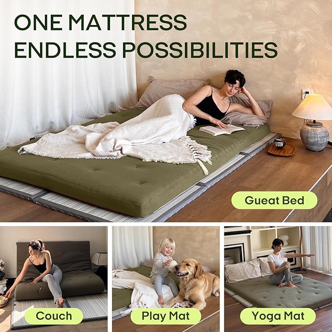ZonLi Japanese Floor Futon Mattress Twin Size 39"x 80",100% Cotton 2.5'' Thicken Tatami Mattress,Foldable Sleeping Pad,Portable Dormitory Tatami Mat,Roll Up Floor Lounger Bed for Adult (Winter Moss)