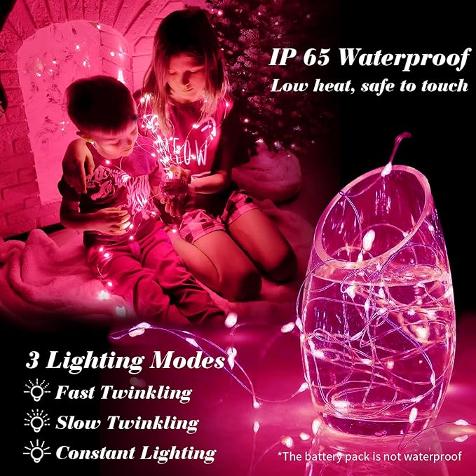 ZGWJ 8 Pack Fairy Lights Battery Operated, 7ft 20 Mini LED Fairy String Lights Silver Wire 3 Modes for DIY, Parties, Wedding, Bedroom, Halloween Christmas Decoration Pink