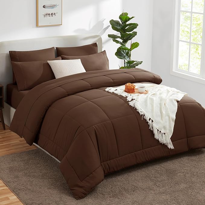 CozyLux King Size Comforter Set Brown, 7 Pieces Bed in a Bag, Brown Comforter King Size, All Season Bedding Sets with Stitch Quilted Comforter, Flat Sheet, Fitted Sheet, Pillowcases