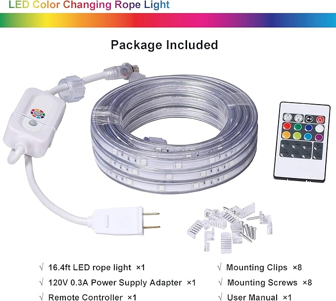 33ft Flat Flexible LED Rope Lights, Color Changing RGB Strip Light with Remote Control, 8 Colors Multiple Modes, Plug in Novelty Light, Connectable and Waterproof for Home Kitchen Indoor Outdoor Use…