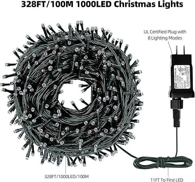 328FT 1000LEDs Christmas Lights Outdoor Indoor 8 Modes for Christmas Tree Party Decoration, 100% UL Listed (Warm White)