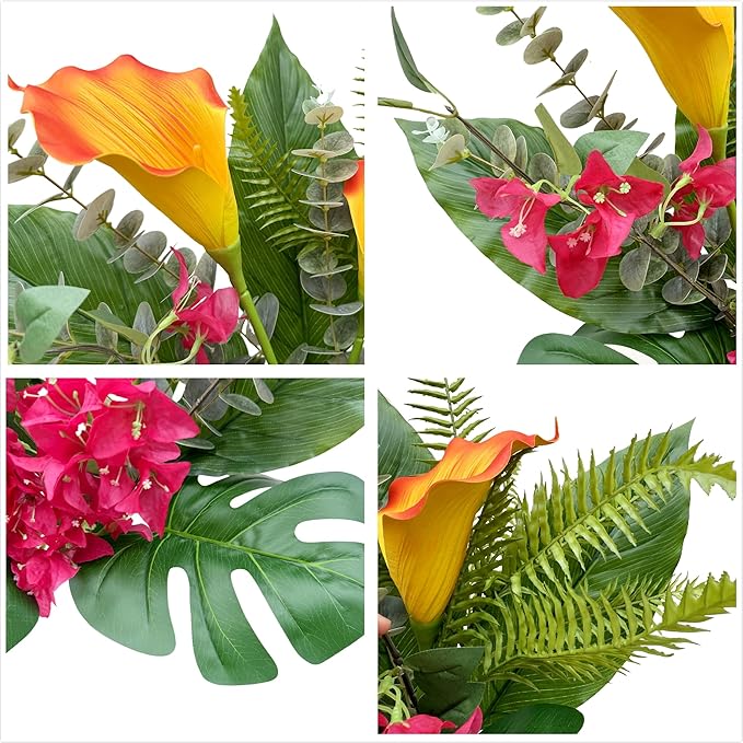 Artificial Tropical Bouquet Calla Lily Bougainvillea Flowers with Monstera Alocasia Fern Eucalyptus Greenery Stems for Home Office Hotel Table Vase Centerpieces Decor (Mixed Tropical Color)