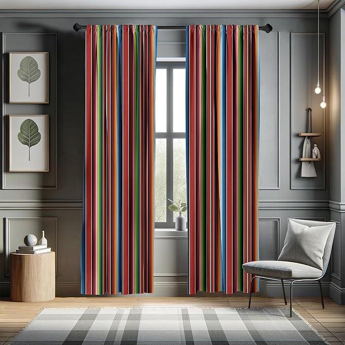 Ambesonne Cinco de Mayo Curtains, Mexican Serape Colorful Stripes Vertical Lines Latino Illustration, Window Treatments 2 Panel Set for Living Room Bedroom Decor, Pair of - 28" x 84", Burgundy Blue