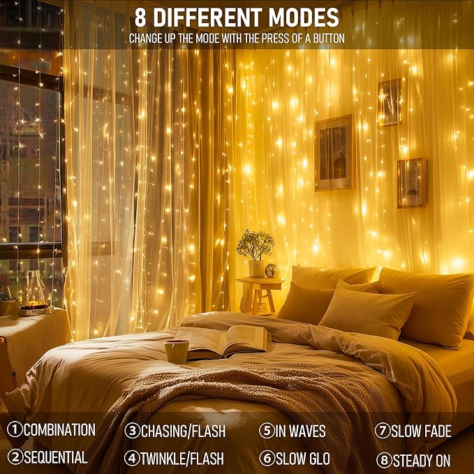 Dazzle Bright 300 LED Curtain Lights, Plug in Fairy Curtain Lights for Bedroom, Christmas Hanging String Lights Outdoor for Window Backdrop Wall Wedding Patio Indoor Dorm Party Decor, Warm White