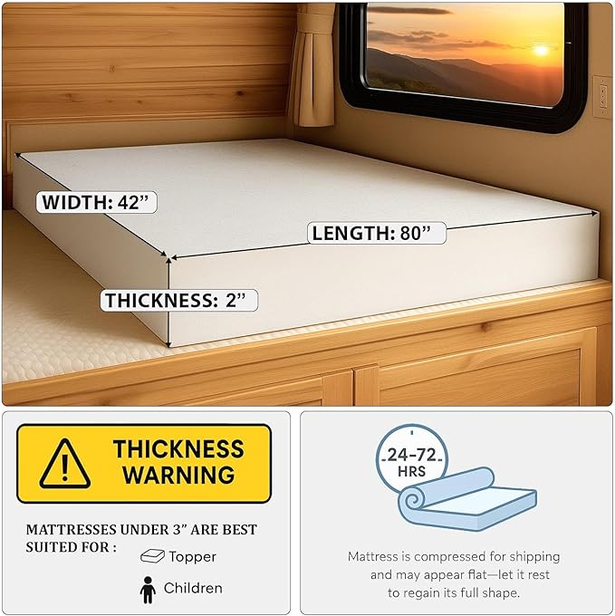 Foamma 2" x 42" x 80" High Density RV Bunk Mattress Replacement, Firm, Durable, Premium Comfort, USA Made, No Cover