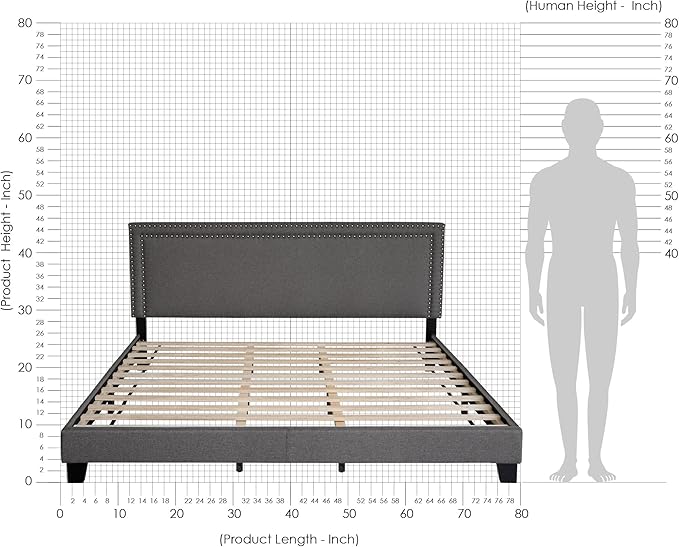 Furinno Laval Double Row Nail Head Upholstered Platform Bed Frame, King, Stone