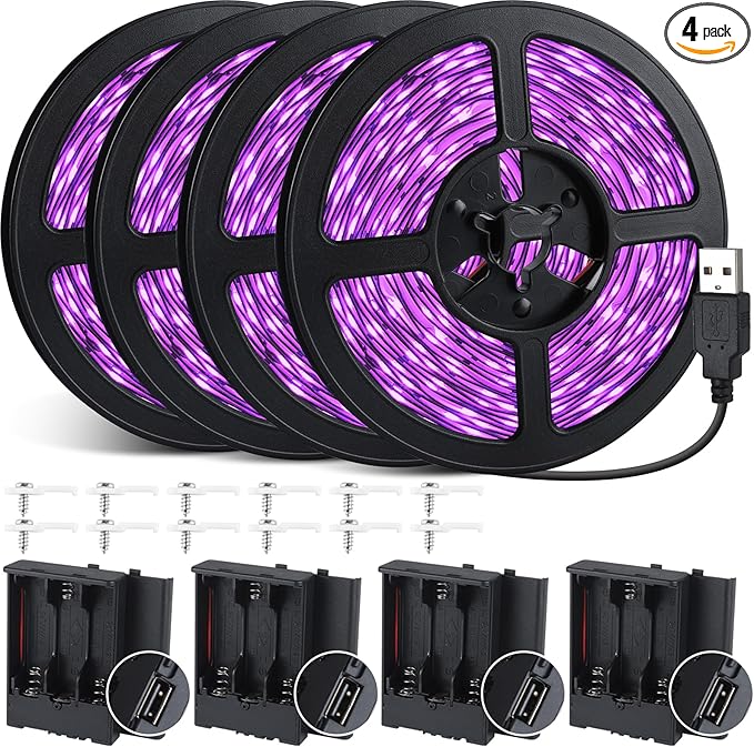 33FT USB Black Lights LED Strip, Battery Operated Black Light Tapestry Light, 300LEDs Blacklight for Bedroom Glassroom, Halloween, Glow Neon Party, Birthday, Fluorescent Poster Painting,4 Pack