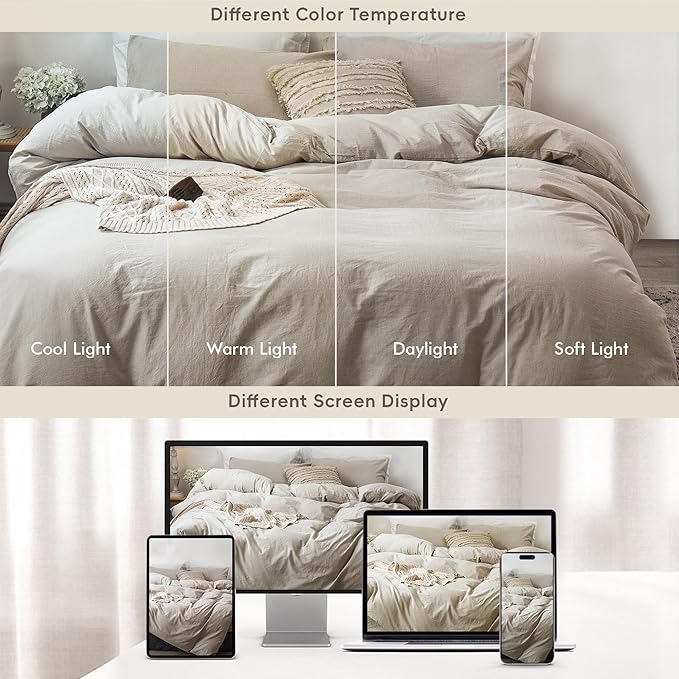 MooMee Bedding Duvet Cover Set 100% Washed Cotton Linen Like Textured Breathable Durable Soft Comfy (Heathered Tannish Linen Grey, Full 80"x90")
