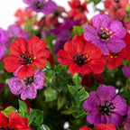 Artificial Silk Flowers Hanging Baskets Outdoors Indoors, Daisy with Eucalyptus Leaves Arrangement for Garden Yard Spring Summer Decor Faux Green Plant Metal Coconut Lining (Red Purple Red Brown)