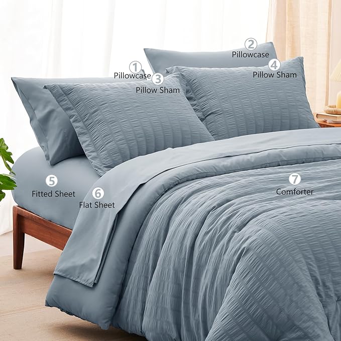 CozyLux Grayish Blue Queen Comforter Set Seersucker 7 Pieces Dusty Blue Bed in a Bag Queen Comforter Set with Sheets, Luxury Bedding Set with Down Alternative Comforter, Sheets, Pillowcases & Shams