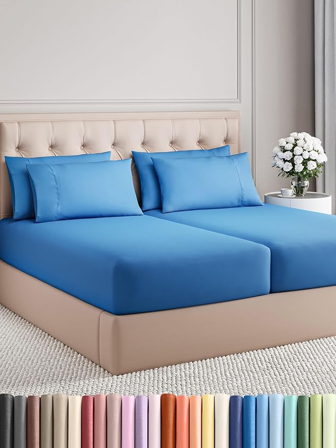Split King 7 Piece Sheet Set - Comfy Breathable & Cooling - Soft Hotel Luxury Bedding Set with 8-16 Inch Deep Pockets - 1 Flat & 2 Fitted Sheet & 4 Pillowcases - Wrinkle Free & Easy Care - Royal Blue