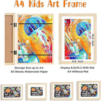 KINLINK A4 Kids Art Frames Set of 2, Solid Wood Kids Artwork Frames Changeable with Acrylic Front Opening Holds 150 Pictures 8.3x11.7, Art Frame for Kids Artwork with Mat or without Mat, Natural