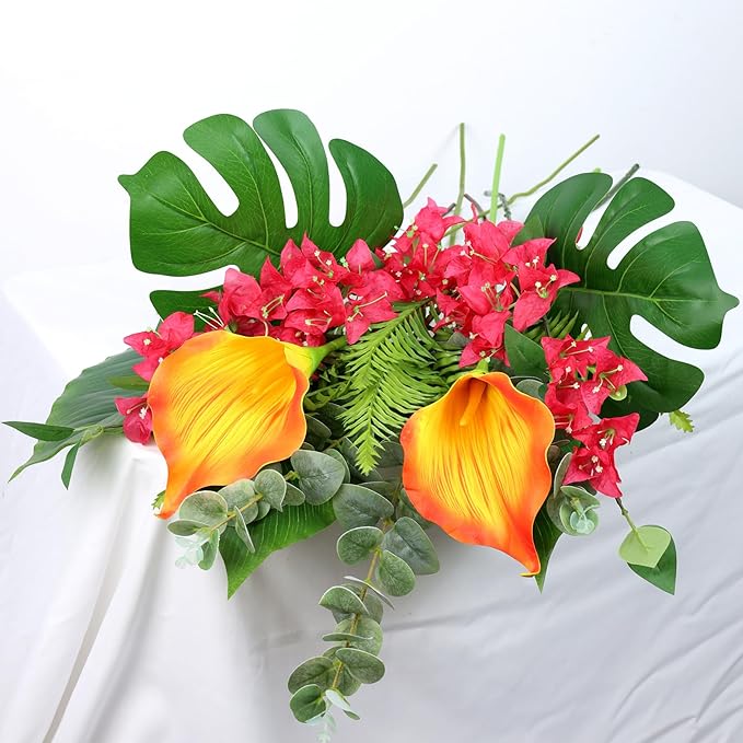Artificial Tropical Bouquet Calla Lily Bougainvillea Flowers with Monstera Alocasia Fern Eucalyptus Greenery Stems for Home Office Hotel Table Vase Centerpieces Decor (Mixed Tropical Color)