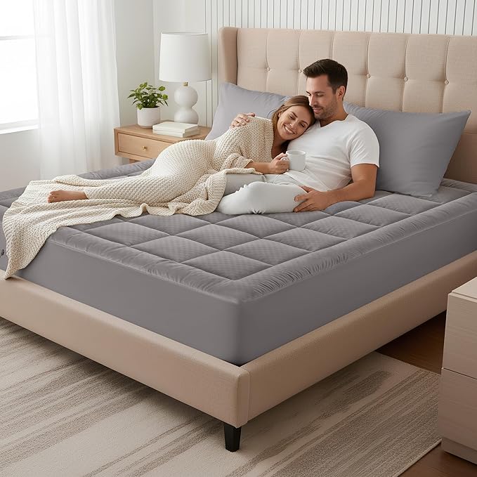 OLANLY Full Quilted Fitted Mattress Pad – Soft Down Alternative Pillow Top Mattress Topper, Cooling Comfort Breathable Mattress Cover, Machine Washable Deep Pocket Mattress Protector, Light Grey