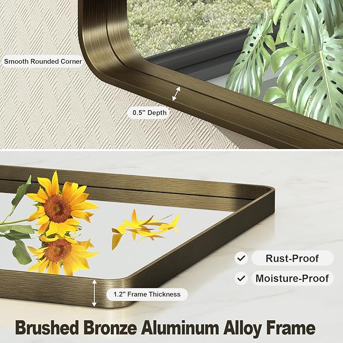 24x36 Inch Bronze Framed Bathroom Mirror, Rectangle Brushed Bronze Metal Vanity Mirror, Small Modern Wall Mirror, Rounded Corner, Tempered Glass, Anti-Rust, Shatterproof (Horizontal/Vertical)