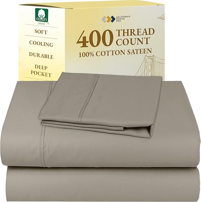 California Design Den Soft Twin Sheets Set - 400 Thread Count Sateen, Natural 100% Cotton Sheets, Deep Pockets, Cooling and Durable Bedding Set for Dorm Rooms & Adults - Taupe