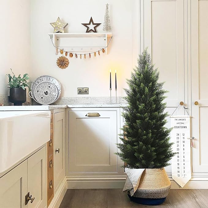 4FT Artificial Cedar Topiary Tree Lifelike Faux Cedar Pines Christmas Trees UV Rated Faux Shrubs Everygreen Plants for Front Porch Outdoor Decor Set of 2