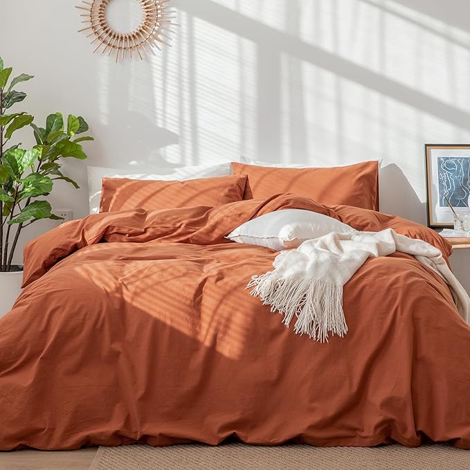 MooMee Bedding Duvet Cover Set 100% Washed Cotton Linen Like Textured Breathable Durable Soft Comfy (Solid Rust Brown, Full 80"x90")