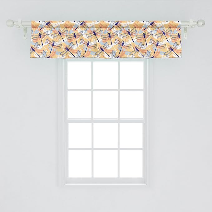 Ambesonne Dragonfly Window Valance, Uneven Big Repetitive Winged Bug 2 Pairs of Patched Wings Flying Orange Blobs, Curtain Valance for Kitchen Bedroom Decor with Rod Pocket, 42" x 12", Sand Brown