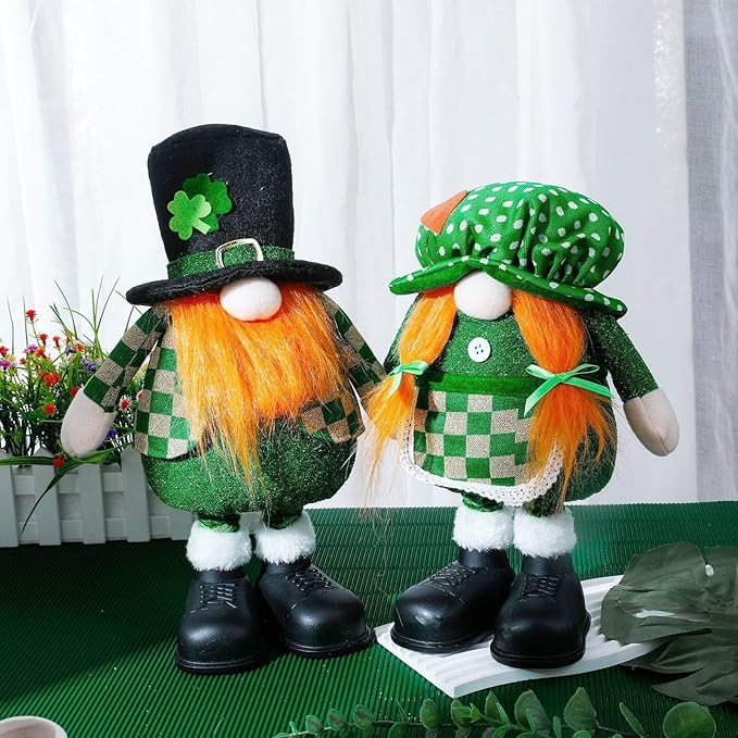 Standing St.Patrick's Day Gnome Plush Doll with Retractable Legs Nordic Scandinavian Swedish Dwarf Gnome Figurines Wearing Glitter Clothes & Black Boots Lucky Green Shamrock Irish Table Decor (A)