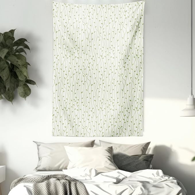 Lunarable Green and Beige Tapestry, Green Leaves on Skinny Tangled Sprigs Fresh Nature Theme Foliage, Wall Hanging for Bedroom Living Room Dorm Decor, 60" X 80", Pistachio Green