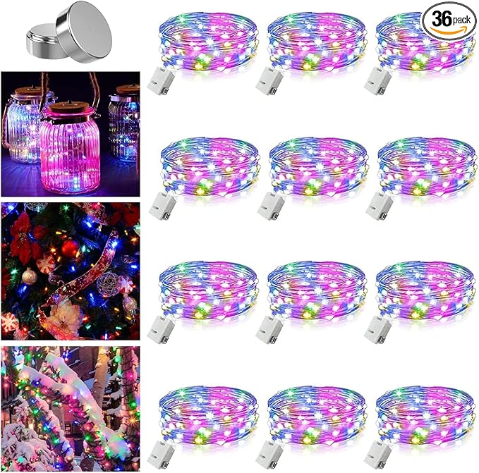 36 Pack Fairy Lights Battery Operated, 3 Speed Modes, Extra 40 Batteries for Replacement, 7Ft 20 LED String Lights, Waterproof Copper Wire, Twinkle Firefly Lights for Christmas Decorations,Colorful