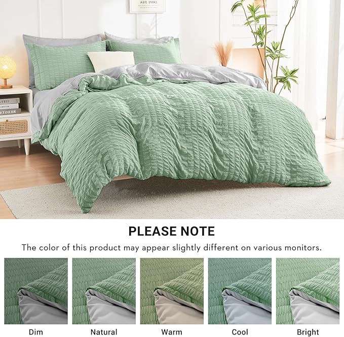 HYMOKEGE Sage Green/Light Grey King Size Comforter Set Seersucker 7 Pieces, All Season Luxury Bed in a Bag for Bedroom, Bedding Set with Comforter, Sheets, Pillowcases & Shams