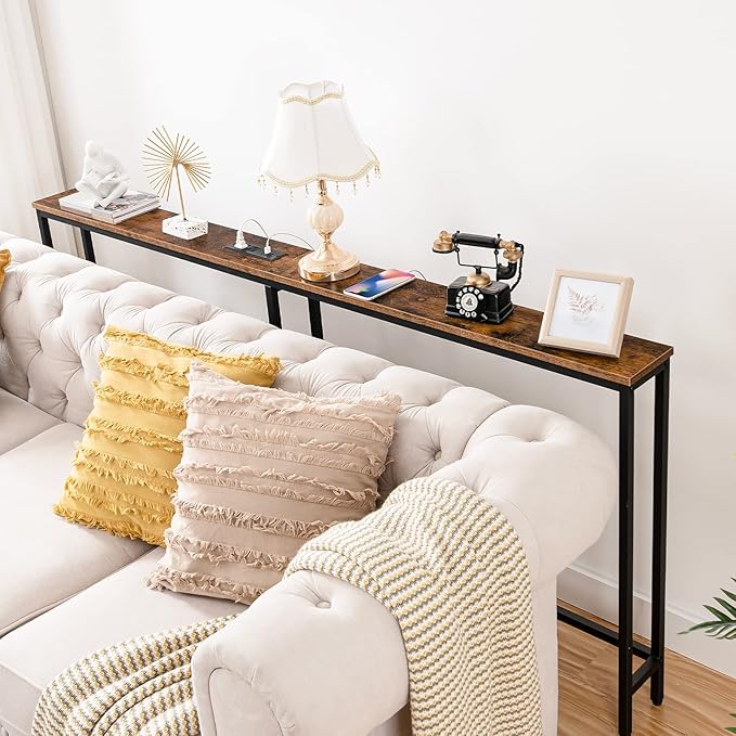 HOOBRO 70.9" Narrow Console Table with Charging Station, 5.9" Sofa Table with 2 Power Outlets and USB Ports, Long Entryway Tables Behind Couch Table, for Hallway, Living Room, Rustic Brown BF185UXG01