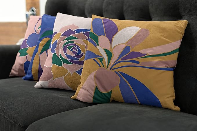 Ambesonne Floral Throw Pillow Cushion Case Pack of 4, Abstract Flowers and Petals with Exotic Vibes Colorful Modern Style, Modern Accent Double-Sided Digital Printing, 18", Rose Dark Violet Mustard