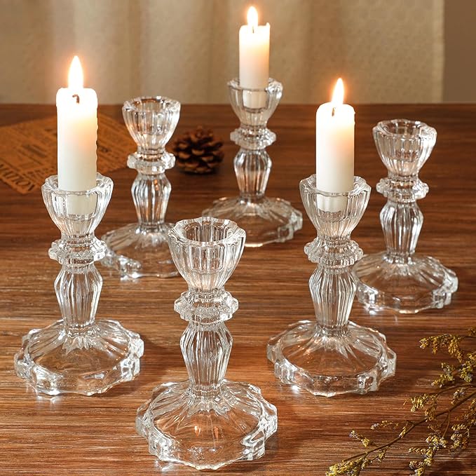 4.33" Tall Glass Candlestick Set of 6 Clear Crystal Candle Holders for Glass Taper Holder Decor for Wedding Birthday Party Christmas