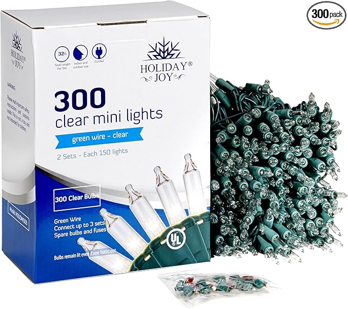 Holiday Joy - 300 Count Warm White Christmas Lights Outdoor, 32FT Length Per Set Incandescent Christmas Lights Indoor, Corded Tree String Lights for Xmas Decorations (Green Wire)