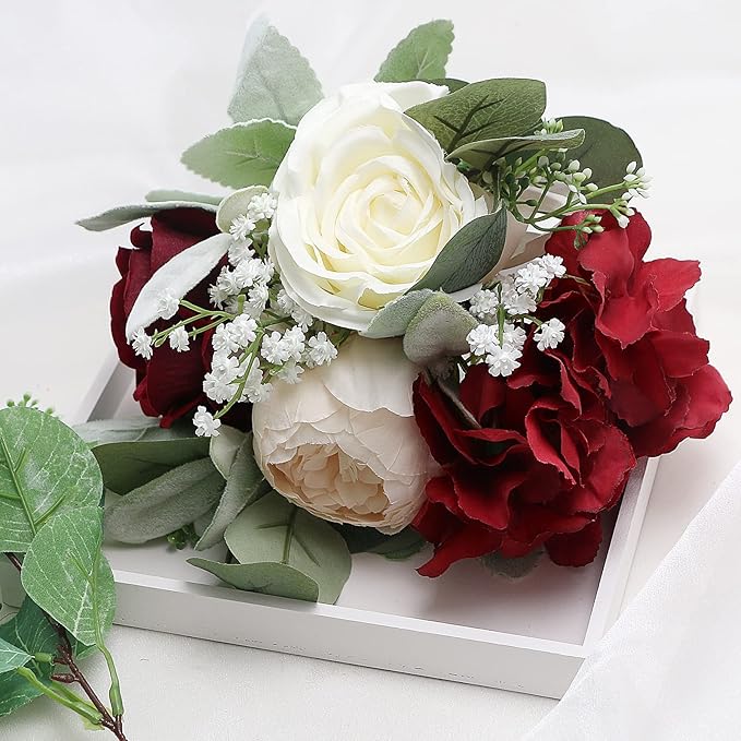Artificial Flowers Bridesmaid Bouquets - Set of 2 Bridesmaid Bouquet Burgundy White Handmade Silk Floral Bouquet for Wedding Ceremony Anniversary, Bridal Shower, Home Table Decorations