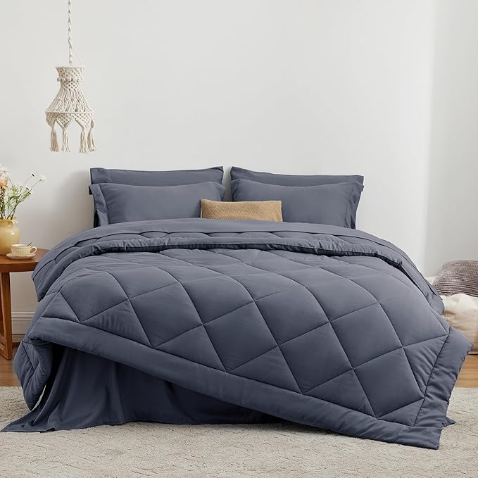 Love's cabin Queen Comforter Set Navy Blue, 7 Pieces Queen Bed in a Bag, All Season Bedding Sets with 1 Comforter, 1 Flat Sheet, 1 Fitted Sheet, 2 Pillowcase and 2 Pillow Sham
