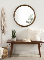 Kate and Laurel Pao Midcentury Modern Round Wood Wall Mirror; 28 Inch Diameter; Walnut; Decorative Circle Mirror with Warm Wood Finish for Robust Wall Decor
