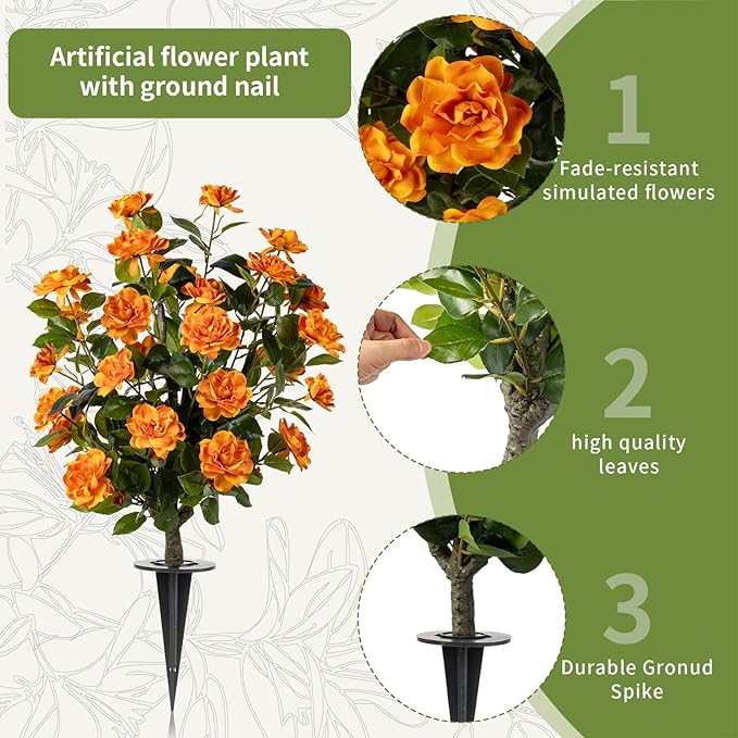 Artificial Camellia Tree 3 Pack with Spike, Artificial Plants Outdoor Faux Floral Plant in Cement Pot Fake Silk Camellia Tree Plants for Home House Living Room Office Decor