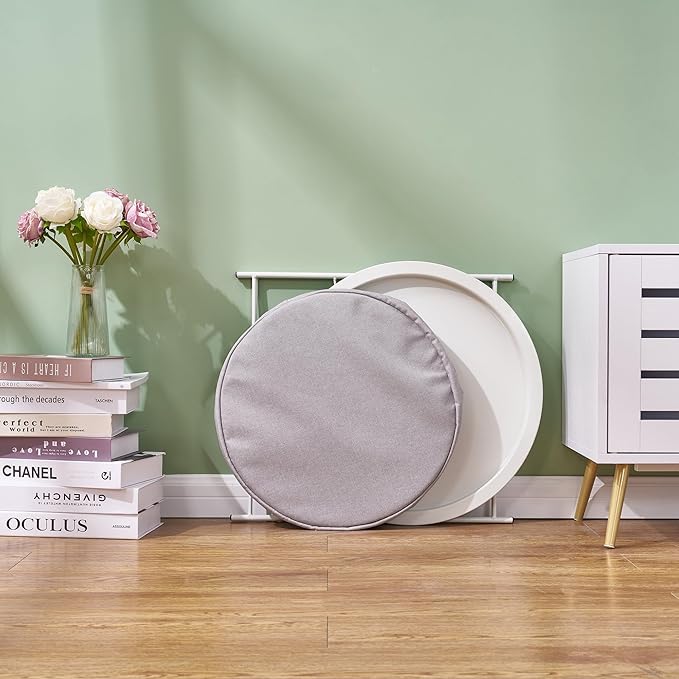 VECELO Round Side/End Table with Fabric Storage Basket，Metal Anti-Rust and Waterproof Small Bedside Nightstand with Removable Tray Top for Living Room，Balcony & Laundry，Beige/2pcs with Basket