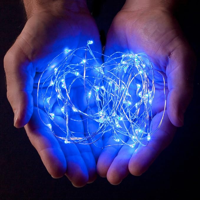 30 LEDs Blue Color String Lights Silver Wire Indoor and Outdoor 9.5 Feet Firefly Starry Fairy Lights Battery Powered for DIY, Christmas, Holidays, Party, Bedroom and Centerpieces