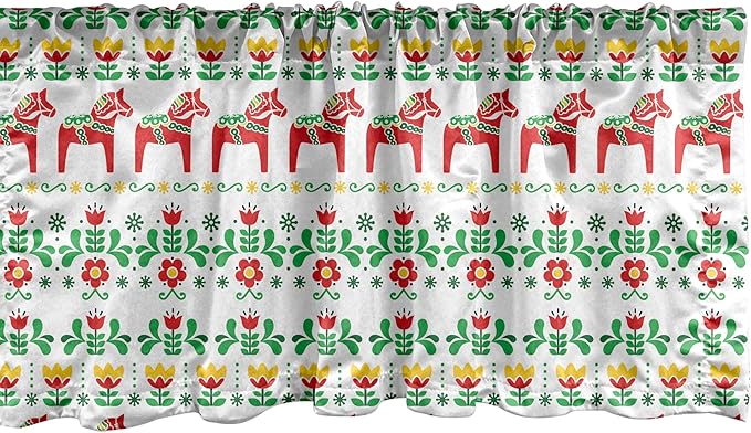 Ambesonne Folk Art Window Valance, Scandinavian Themed Pattern of Swedish Dala Horse and Flowers, Curtain Valance for Kitchen Bedroom Decor with Rod Pocket, 54" X 18", Green Vermilion