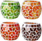 SHMILMH Mosaic Candle Holders Set of 4, Handmade Glass Tealight Votive Holders, Fall Thanksgiving Diwali Decor, Autumn Wedding Party Table Centerpiece, Brown Orange Green
