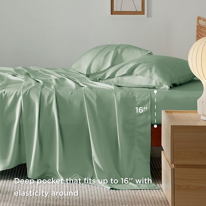 Bedsure King Size Sheets Set, Cooling Sheets for Hot Sleepers, Rayon Derived from Bamboo, Breathable & Soft, Deep Pocket Up to 16 Inches, Hotel Luxury Silky Bedding, Sage Green