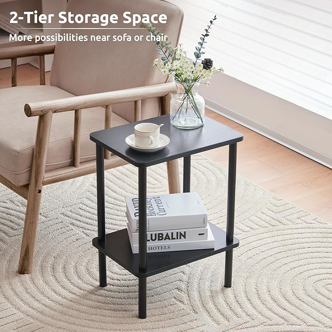 Apicizon 2 Tier End Table Set of 2, Small Side Table with Solid Wood Legs, Boho Bedside Table with Storage Shelf, Nightstand for Small Spaces, Bedroom, Living Room, Entryway, Easy Assembly, Black