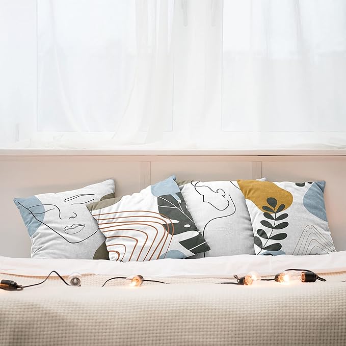Ambesonne Minimal Throw Pillow Cushion Case Pack of 4, Modern Line Art Woman Portrait with Contemporary Leafy Geometric Details, Modern Accent Double-Sided Digital Printing, 20", Baby Blue Taupe Amber