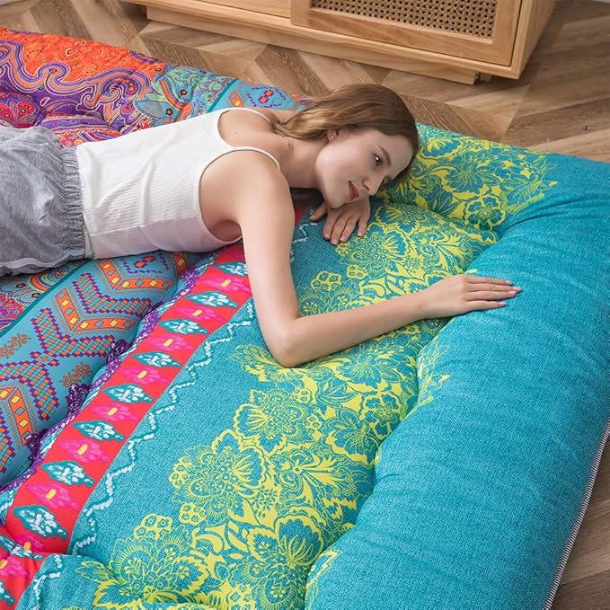 MAXYOYO Bohemian Retro Floor Mattress Boho Floral Style Japanese Futon Tatami Mat Foldable Bed Portable Camping Sleeping Pad Lounger Couch King Size