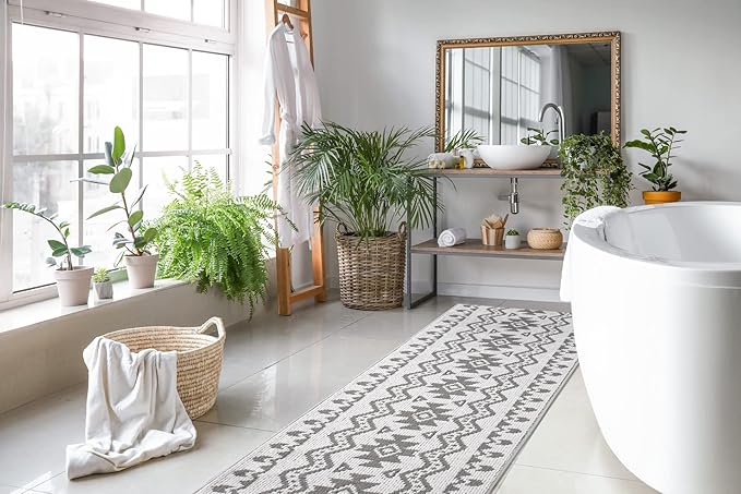 Custom Size Southwestern Style Runner Rug Mat for Wide Hallway Entryway Kitchen Laundry Room with Slip Resistant Latex Rubber Backing, Aztec Light Grey, 31 inch X 10 feet